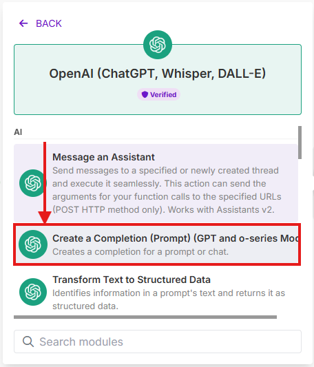 Image with the "Create a Completion" module selected